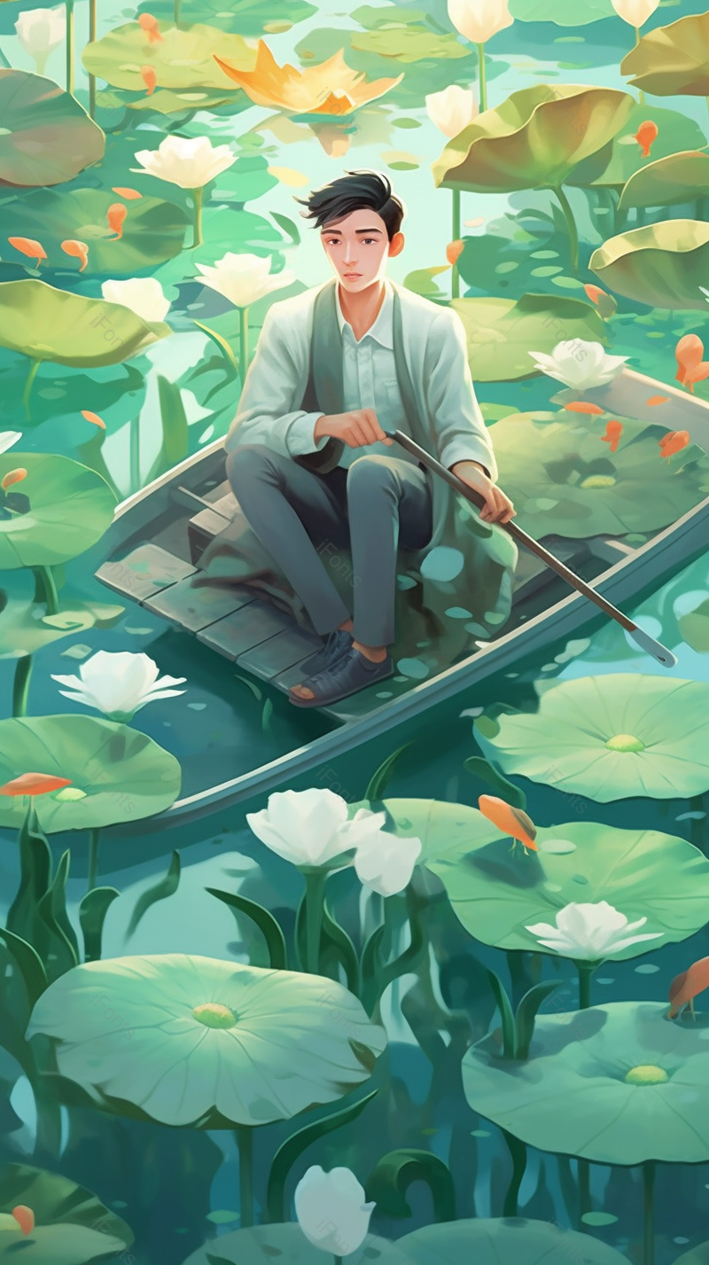 绿色的夏天男人在荷叶荷花盛开的池塘里玩耍,插画/手绘图,插画/手绘图库,插画/手绘图下载,插画/手绘